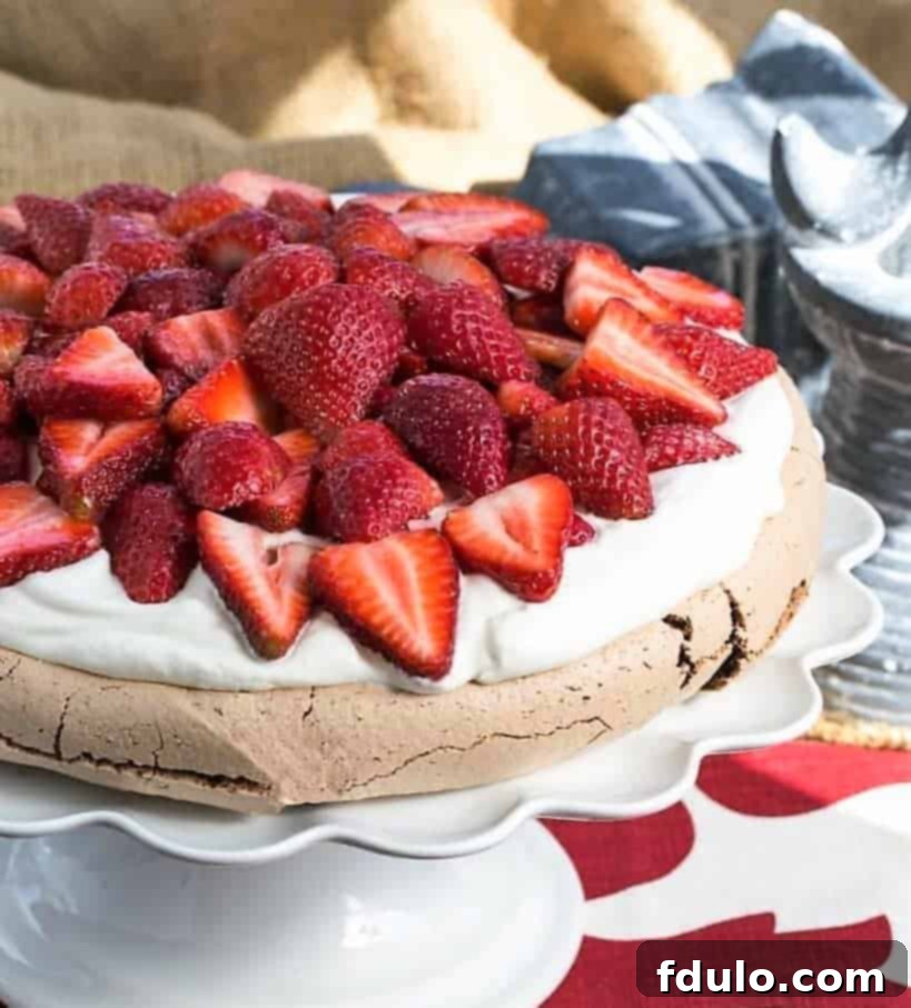 Velvet Chocolate Pavlova, Strawberry Crowned 1 featured 21622