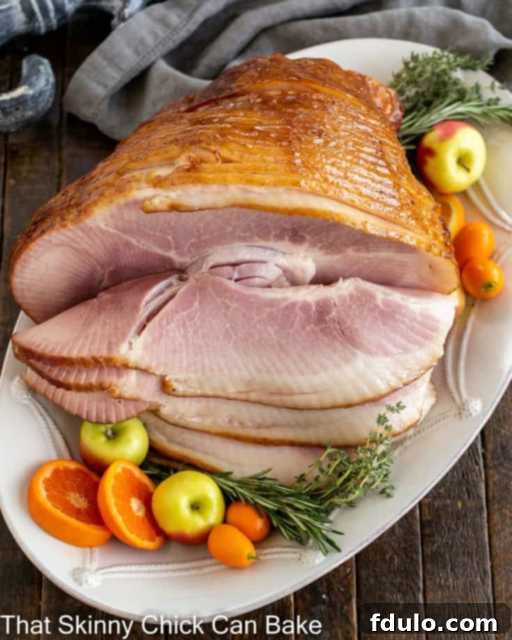 Overhead view of a honey mustard glazed ham on a serving platter