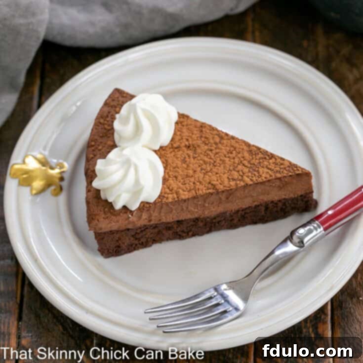 A delectable slice of whipped chocolate-topped chocolate cake, presented on a pristine white plate with a elegant red-handled fork, inviting indulgence.