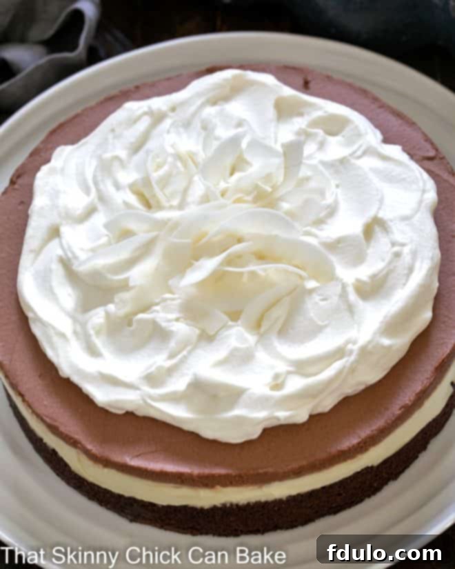 Close overhead view of a brownie coconut cream cake on a white plate, highlighting the perfectly layered perfection.
