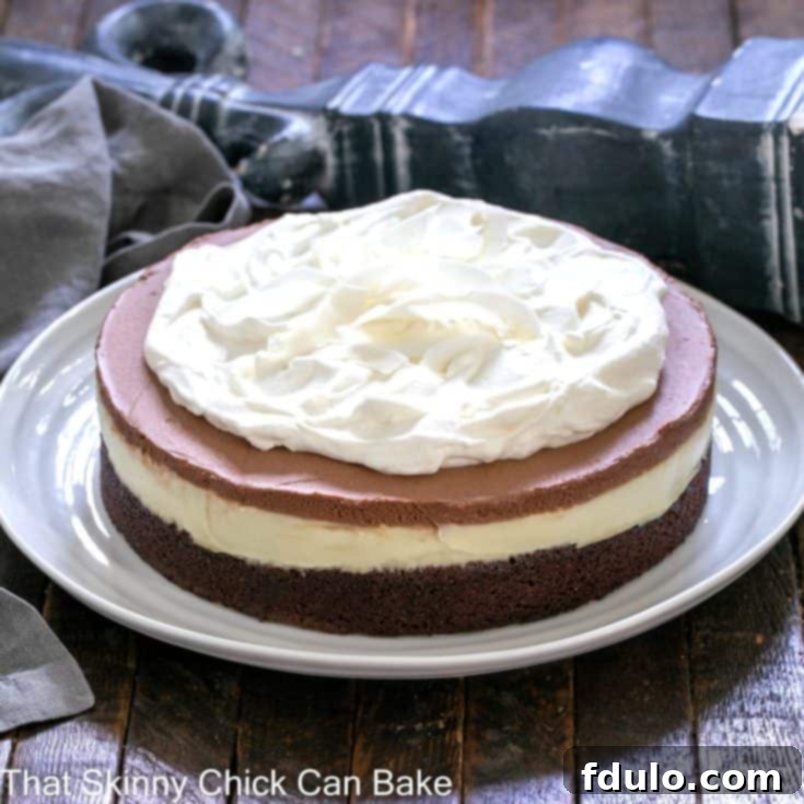 Coconut Brownie Cake on a white ceramic plate. A perfect slice is removed, revealing the elegant layers.