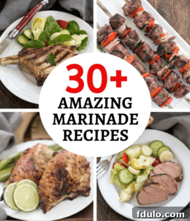 A vibrant collage showcasing various marinated meats ready for grilling, including chicken, beef, and pork, with a central text box highlighting '30+ Marinade Recipes'.