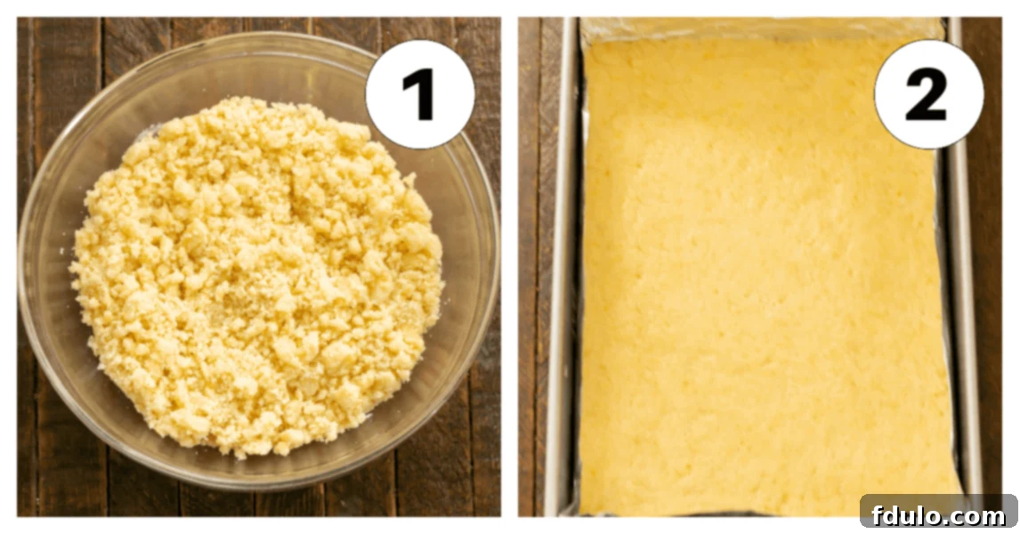 Two process shots showing the preparation of the gooey butter bars crust mixture and pressing it into the pan.