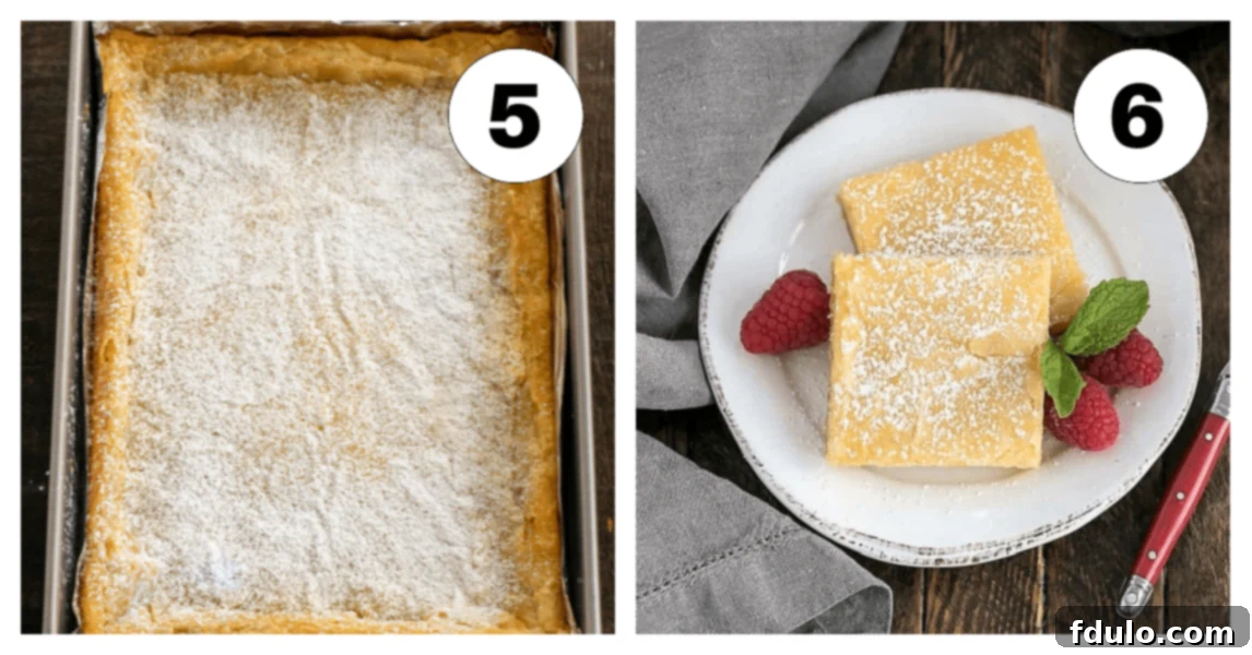 Gooey Bars process shots, illustrating the baked bars and sprinkling with powdered sugar.