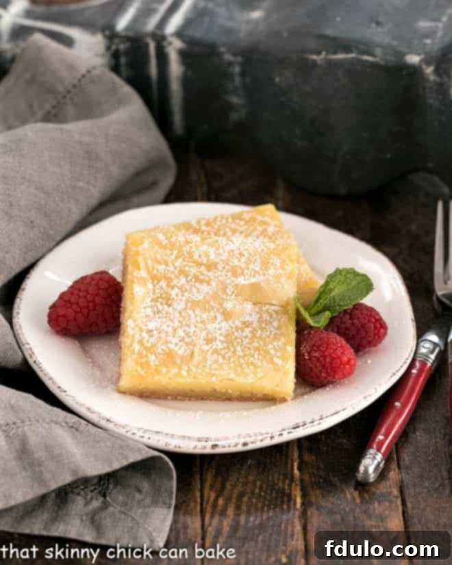 Two perfectly cut gooey butter bars presented on a small round white plate, accented with fresh raspberries and a sprig of mint.