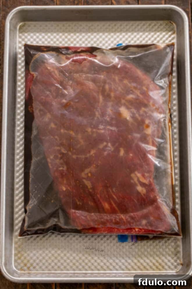 Process shot 1 Marinade and Flank Steak in a Ziploc bag, ready for chilling.