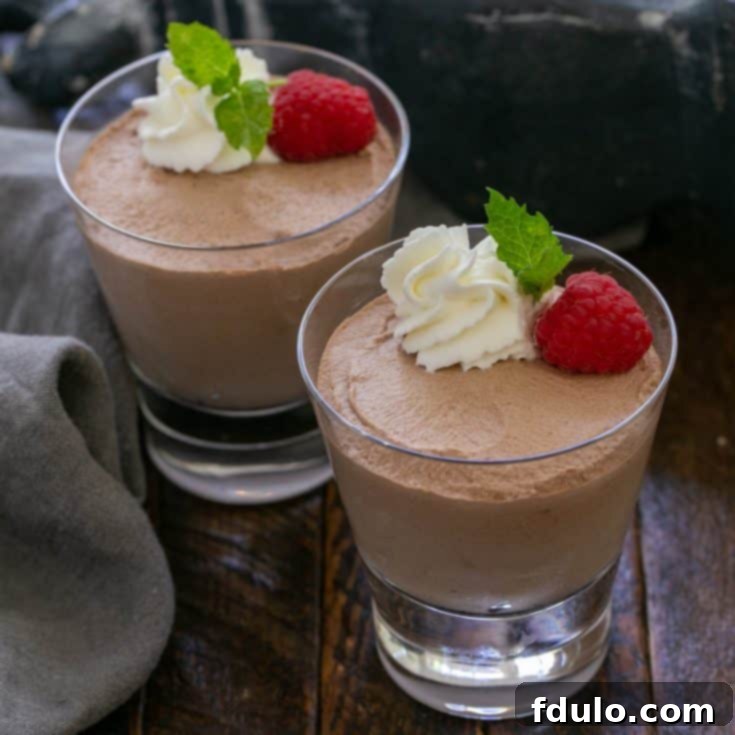 Two elegant glass serving dishes of easy chocolate mousse, each beautifully garnished with a vibrant raspberry, a dollop of whipped cream, and a fresh mint leaf, enticingly presented.