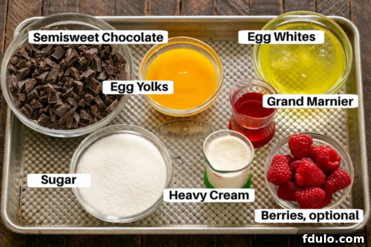 Chocolate Mousse ingredients with labels on a metal sheet pan.