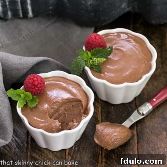 2 small white dishes of chocolate mousse with a raspberry and mint garnish