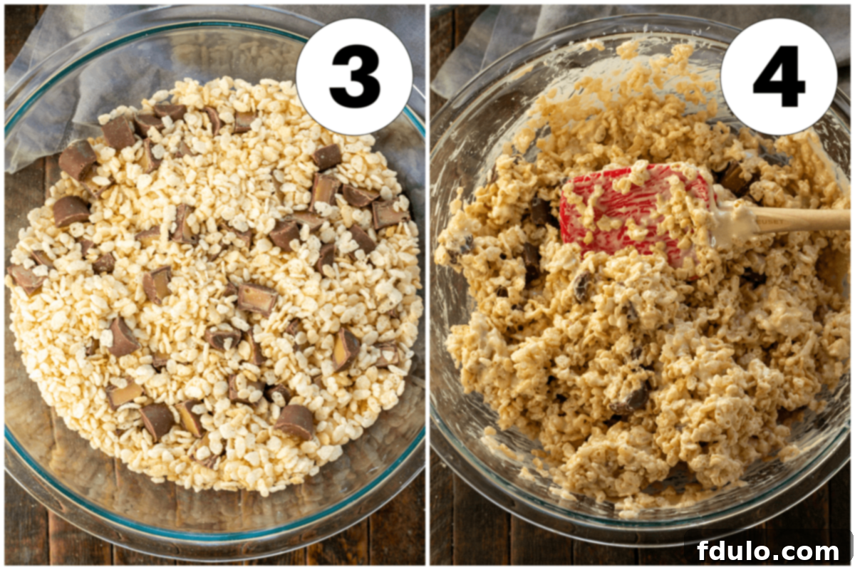 Gooey Rolo Caramel Krispie Treats 5 Process shots showing combining Rice Krispies with Rolos and then mixing with the marshmallow mixture.