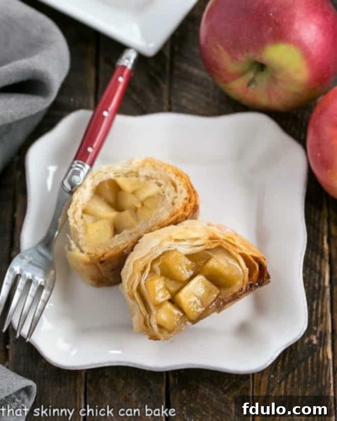 This Strudel Recipe is flaky, delicious and filled with sweet, cinnamon-spiced apples Two slices of apple strudel presented on a square white plate, showing off the perfectly baked crust and visible apple chunks.