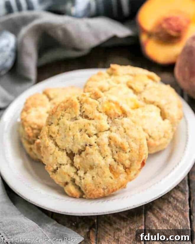 Three golden-brown Brown Butter Peach Scones arranged beautifully on a round white plate, ready to be served.