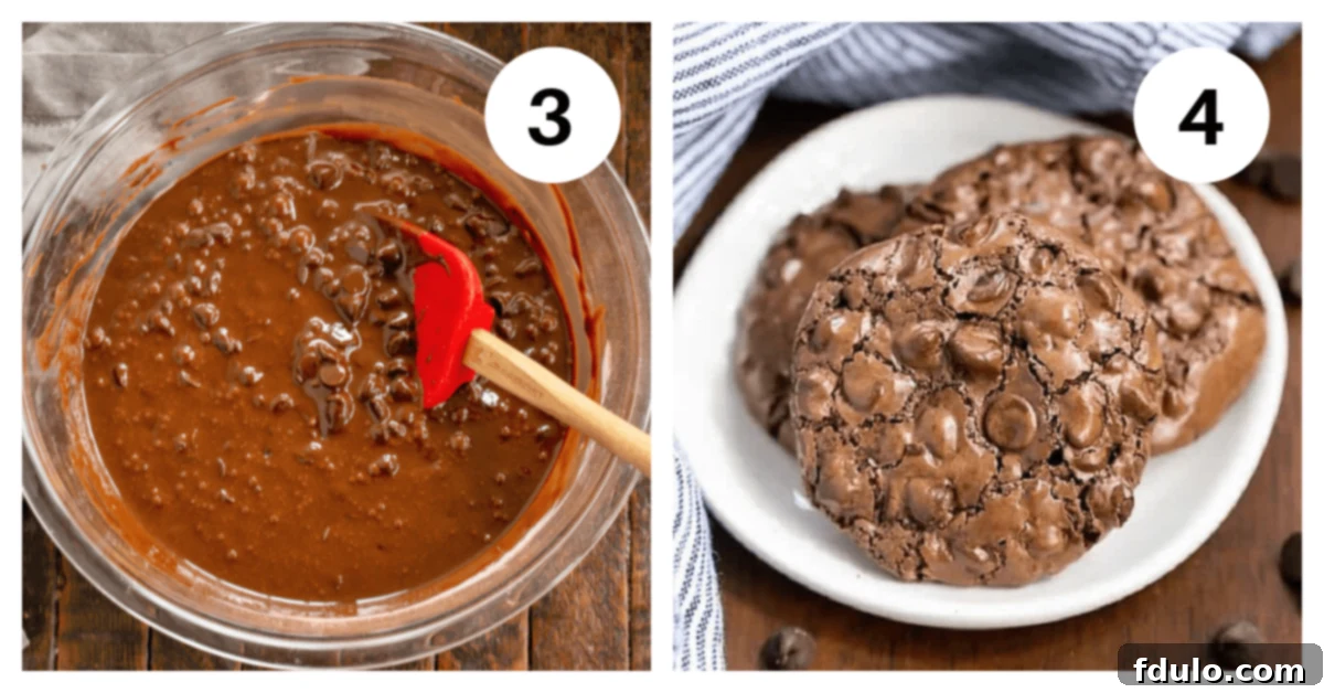 Process shots showing chocolate chips being folded into the cookie dough and then scoops of dough dropped onto a baking sheet.