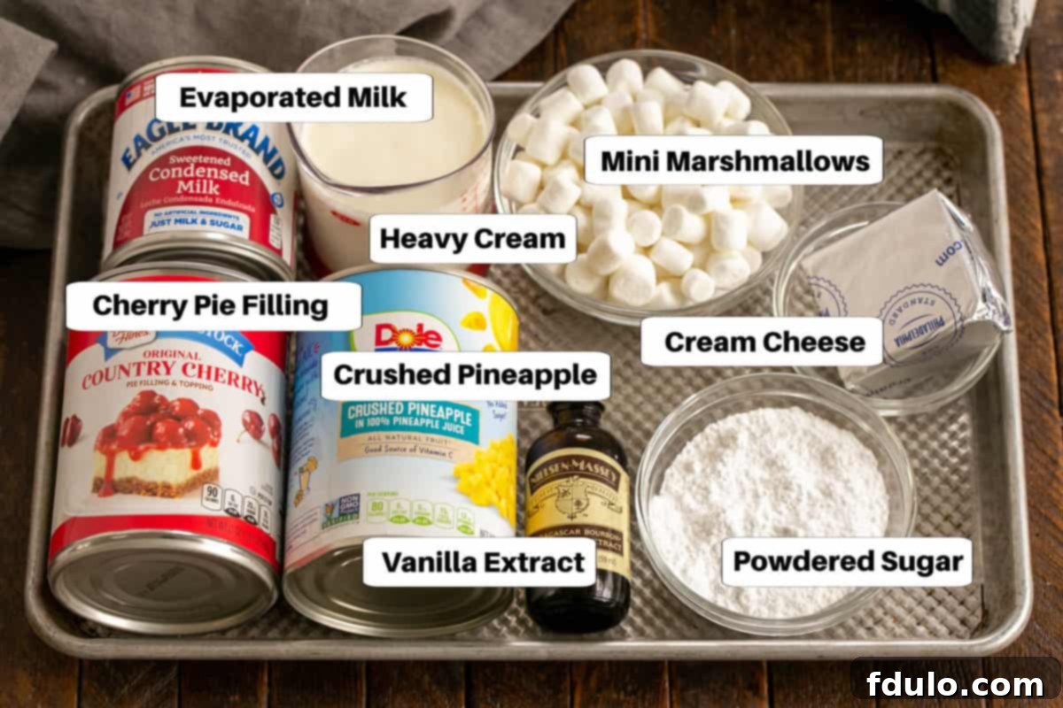 Cherry Fluff Salad Ingredients on a sheetpan with labels.