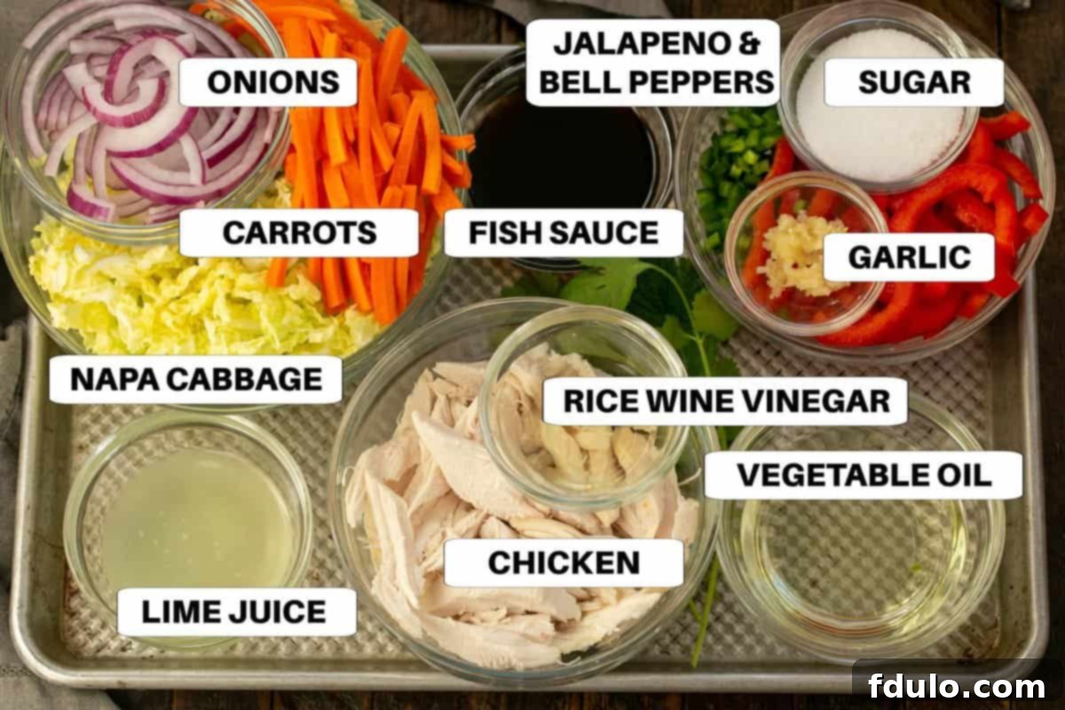 Vietnamese salad ingredients on a sheet pan with labels.