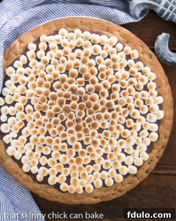 Overhead view of a whole S'mores Cookie Cake artfully arranged with a blue and white striped napkin, suggesting a festive outdoor gathering.