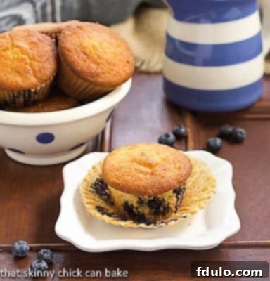 Sour Cream Blueberry Muffins on a white ceramic plate with the paper wrapper removed