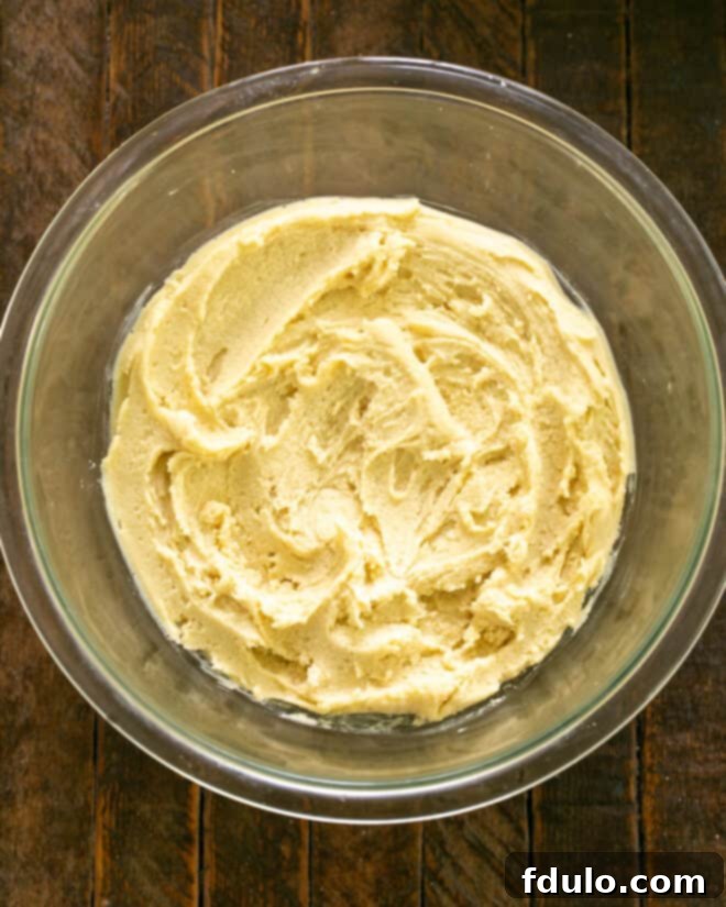 All-purpose flour and a pinch of salt being gently mixed into the cookie dough in a large bowl.