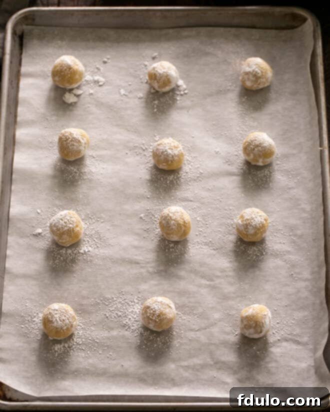 Small balls of cookie dough rolled in powdered sugar and neatly arranged on a parchment-lined baking sheet, with divots made in the center of each.