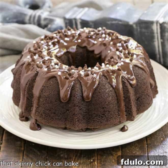 Chocolate Sour Cream Bundt Cake on a white cake plate.