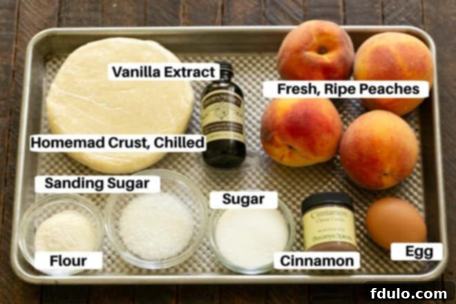 Peach Galette Filling Ingredients on a Sheetpan with labels, featuring sliced peaches, sugar, flour, cinnamon, and vanilla.