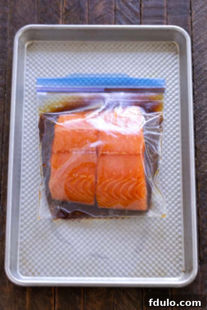 Salmon with marinade in a Ziploc bag, ready for refrigeration.
