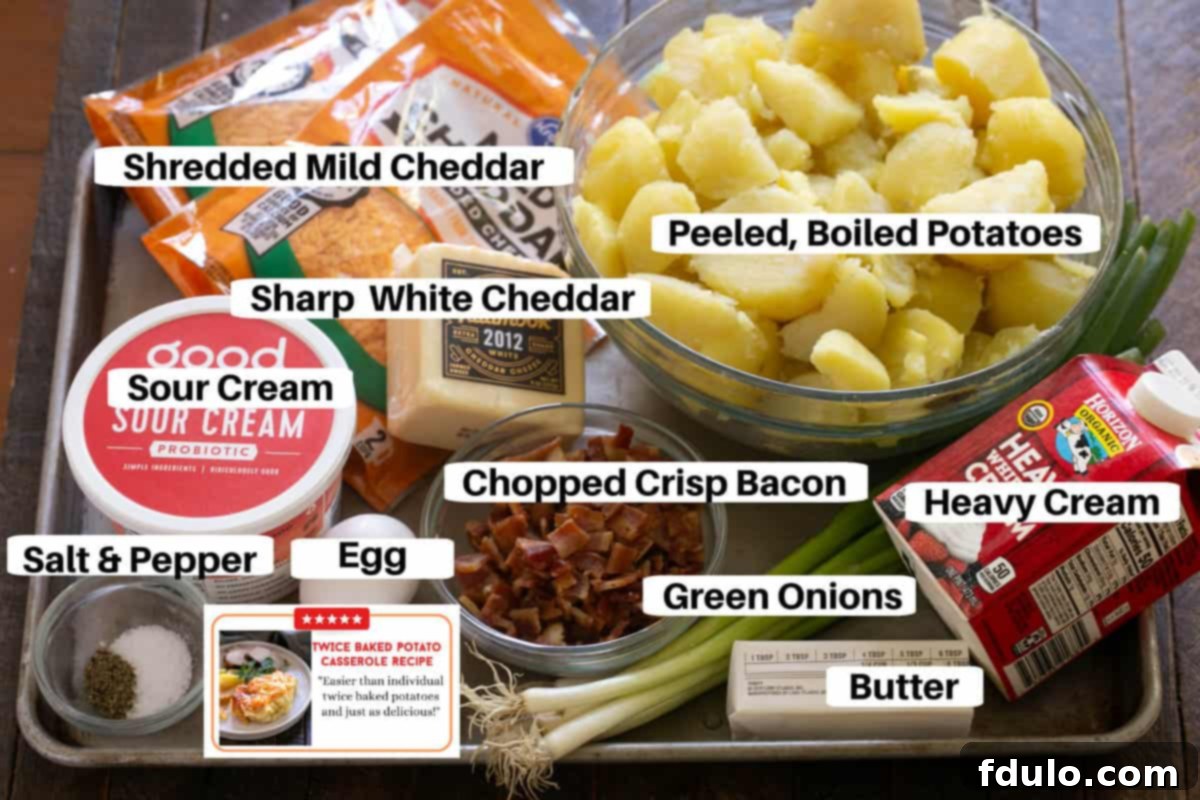 Twice Baked Potato Casserole Ingredients neatly arranged on a metal sheet pan with labels, ready for preparation.