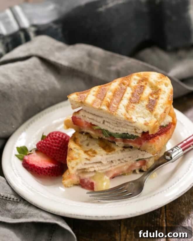 Layered Strawberry, Turkey, and Brie Grilled Cheese - highlighting the perfect melty cheese, fresh strawberries, and savory turkey. Close-up side view of a stacked Strawberry, Turkey, and Brie Grilled Cheese sandwich, showing the layers of ingredients and golden-brown bread.