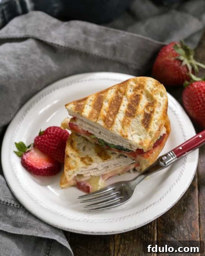 Delicious Strawberry, Turkey, and Brie Grilled Cheese ready to eat. A completed Strawberry, Turkey, and Brie Grilled Cheese sandwich on a white lunch plate, ready to be enjoyed with a red-handled fork.