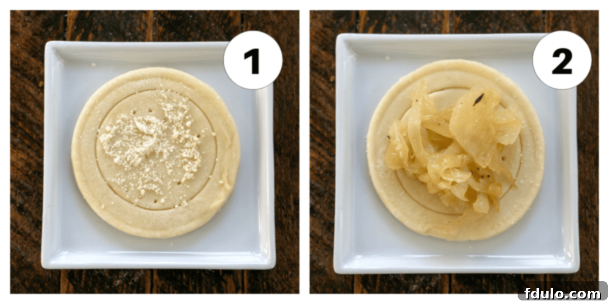 A two-panel image collage showing step 1 and step 2 of how to assemble tomato boursin tarts: cutting puff pastry rounds and topping with caramelized onions.