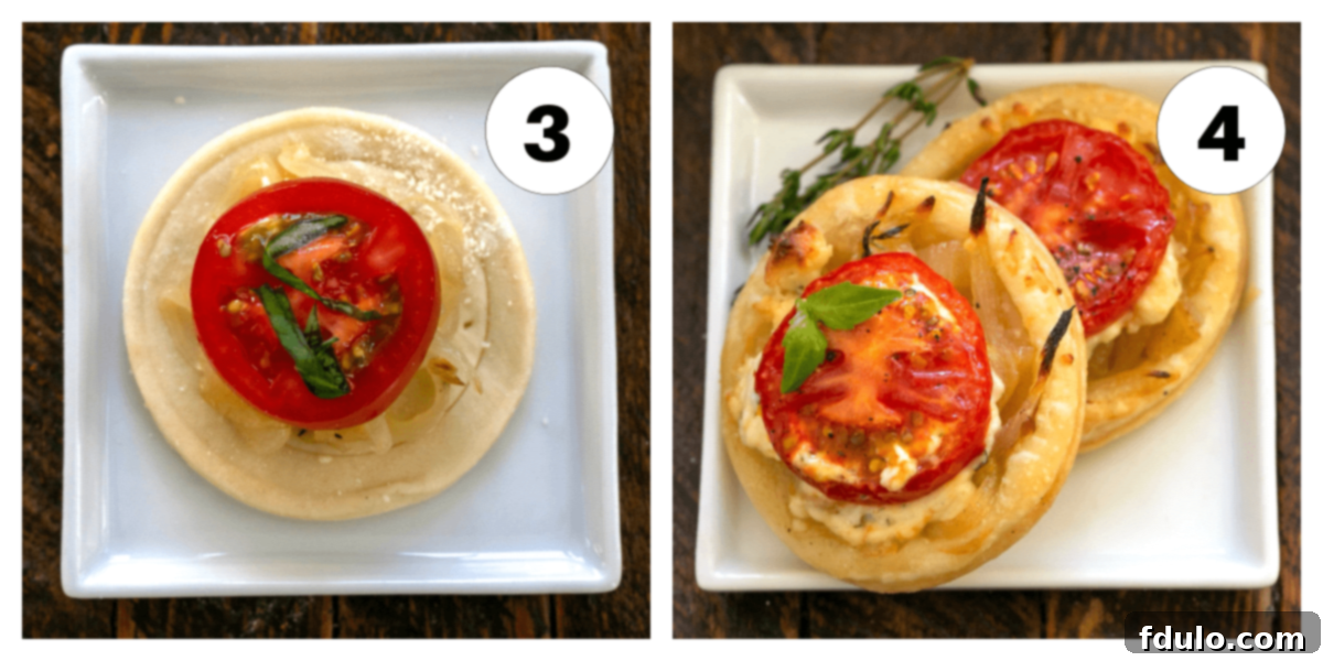 A two-panel image showing the final steps of preparing Tomato Boursin Tarts: adding Boursin cheese and tomato slices, and then the baked tartlets.
