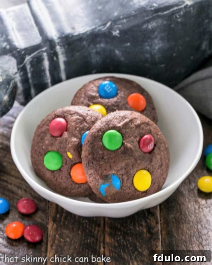 M&M Brownie cookies in a white bowl