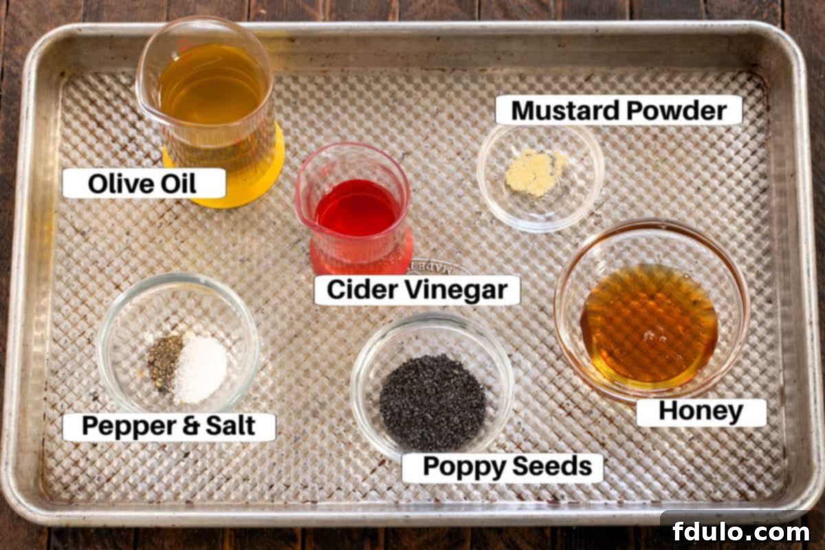Spinach Salad Dressing Ingredients on a sheet pan with labels.