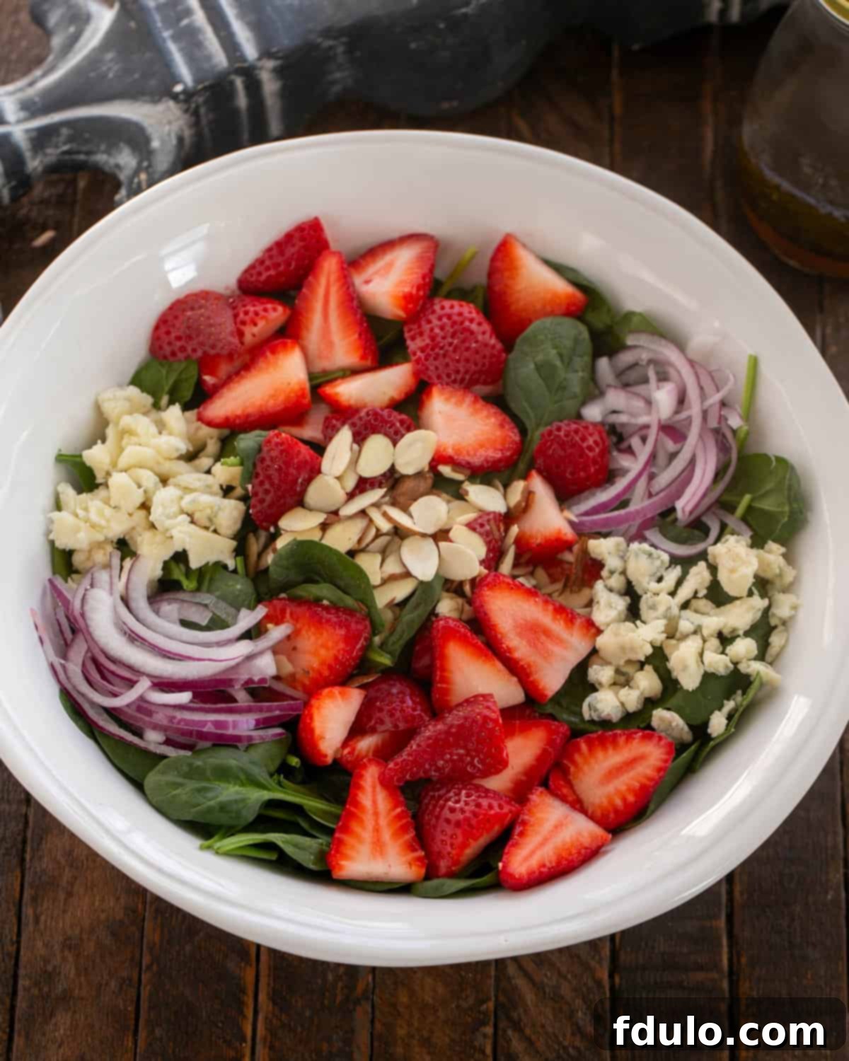 Overhead view of salad in a serving bowl.