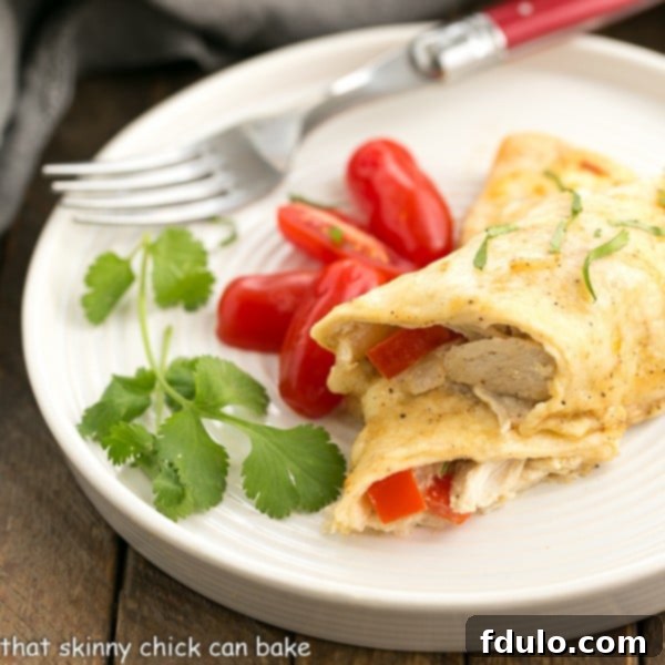 Cheesy Chicken Enchiladas on a white dinner plate with cilantro and grape tomatoes.