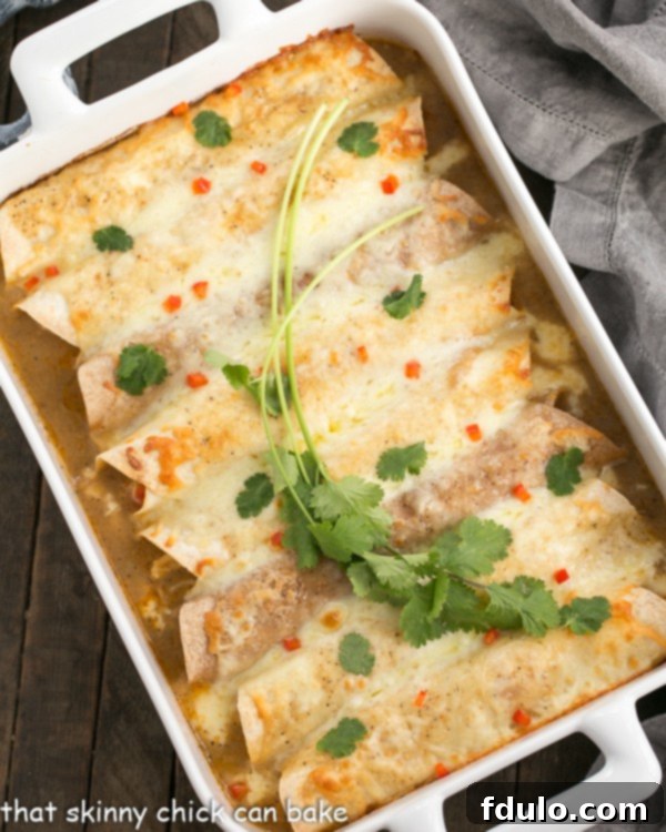 Overhead view of Cheesy Chicken Enchiladas in a white casserole dish with a garnish of cilantro.