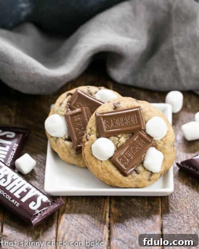 S'mookies AKA Gooey S'mores Cookies - All the amazing flavors of s'mores in gooey, chewy cookies S'mookies AKA Gooey S'mores Cookies on a square white plate with mini Hershey bars, highlighting the rich chocolate and marshmallow.