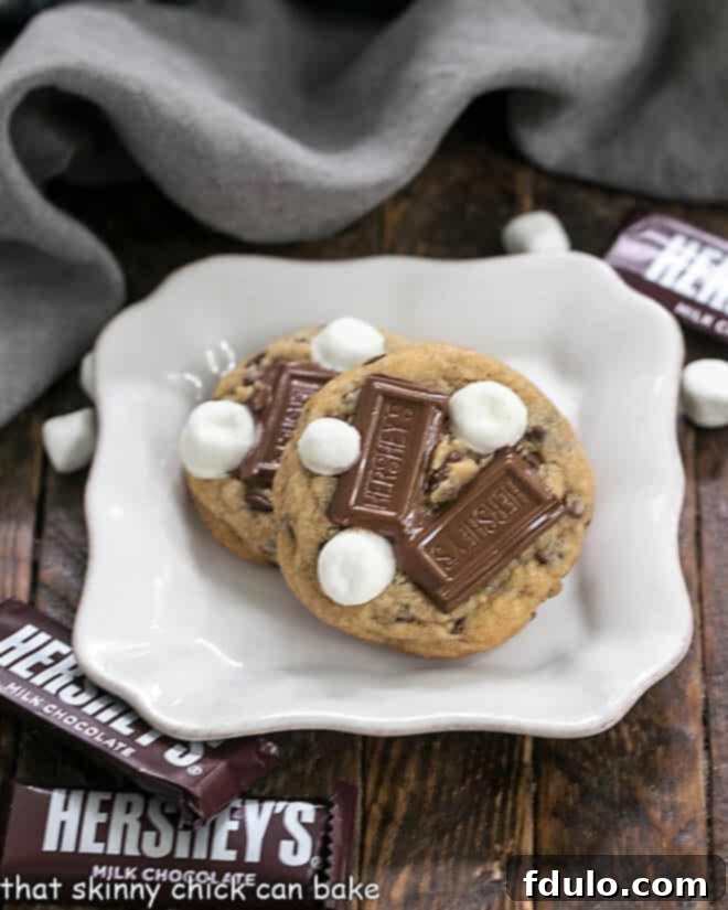 S'mookies: Irresistible S'mores Cookies 3 Gooey S'mores Cookies on a square white plate