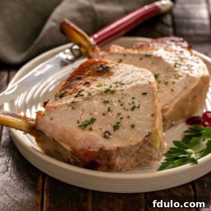 Two slices of a crown roast of pork on a round white plate, showcasing the succulent meat and stuffing.