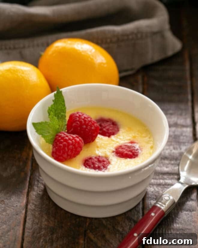 Step 6: A finished Meyer Lemon Mousse in a white ramekin, garnished with fresh raspberries and a mint sprig, ready to be served.
