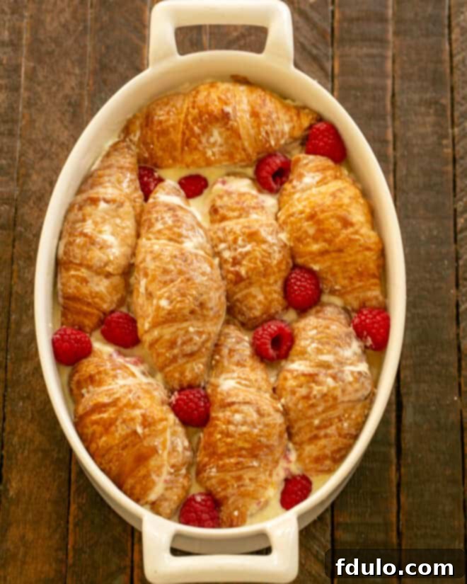 Flaky Croissant French Toast with Fresh Raspberries 8 The top halves of the croissants being placed back over the cream cheese filling, followed by the egg custard mixture being poured generously over all the croissants in the baking dish, ready for chilling.