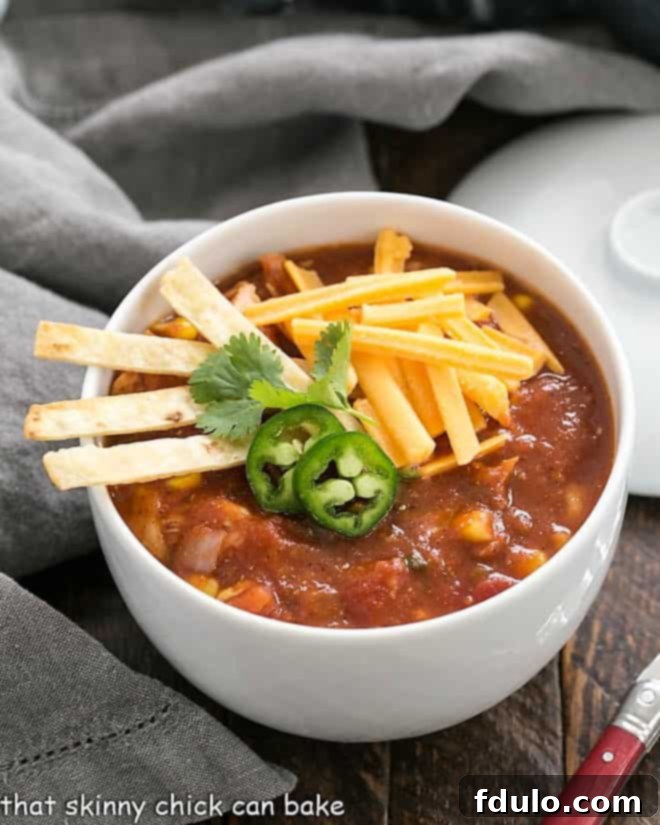 Easy Chicken Tortilla Soup - healthy, hearty and full of flavor, this family friendly recipe is terrific for many occasions! A beautifully garnished bowl of chicken tortilla soup with melted cheese and fresh jalapeno slices.