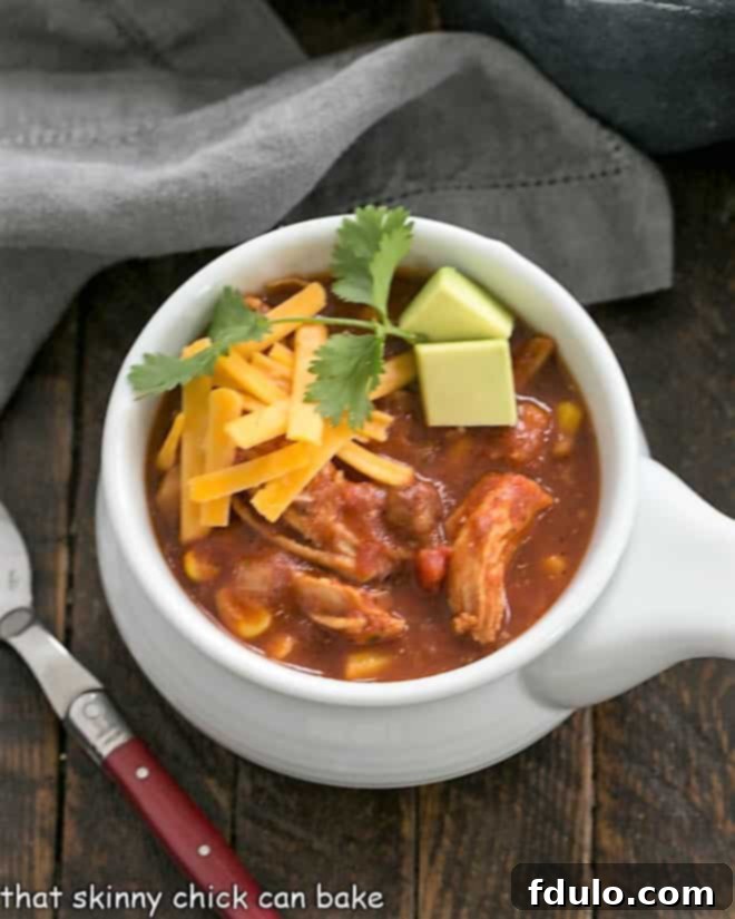 Fiesta Chicken Tortilla Soup 2 An overhead view of a steaming bowl of chicken tortilla soup, ready to be enjoyed.