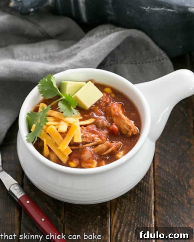 Chicken Tortilla Soup Recipe - for game day, winter entrees, Cinco de Mayo and more! Super easy to make and a flavorful, family friendly meal! An overhead view of a rustic white soup bowl filled with steaming chicken tortilla soup and a spoon, inviting you to dig in.