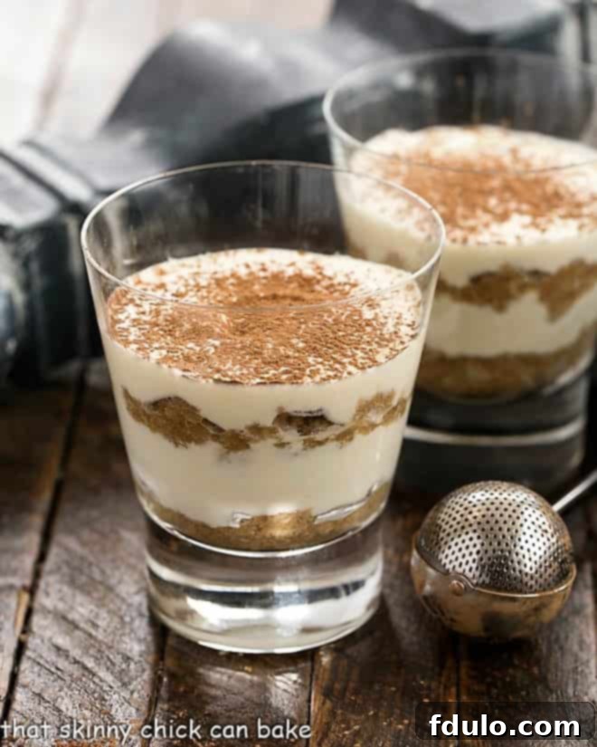 Two tiramisu parfaits and a cocoa duster