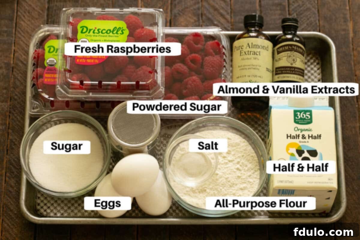 Raspberry Clafoutis Ingredients with labels on a sheetpan.