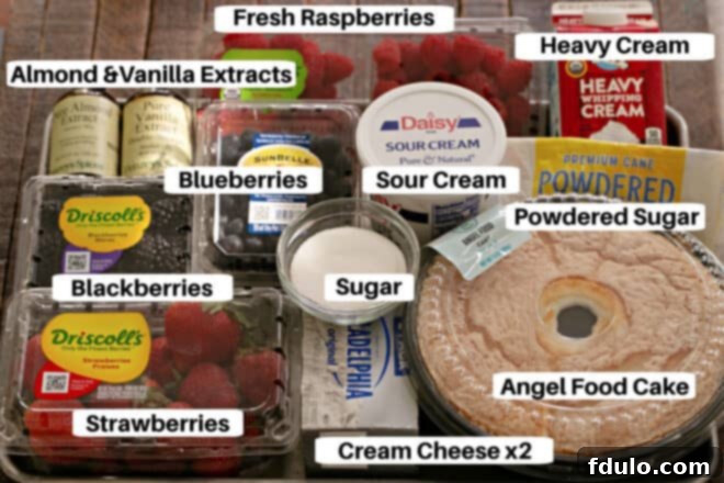 Berry trifle ingredients on a sheetpan with labels.