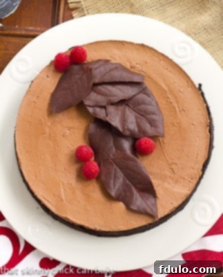 An overhead view of a beautifully garnished Chocolate Moussecake on a white platter, topped with an arrangement of fresh raspberries and delicate chocolate leaves.