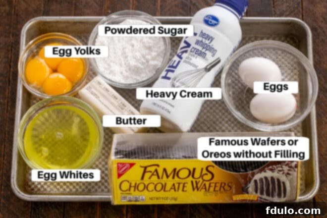 Various Chocolate Mousse Cake Ingredients neatly arranged on a sheet pan with clear labels for easy identification.