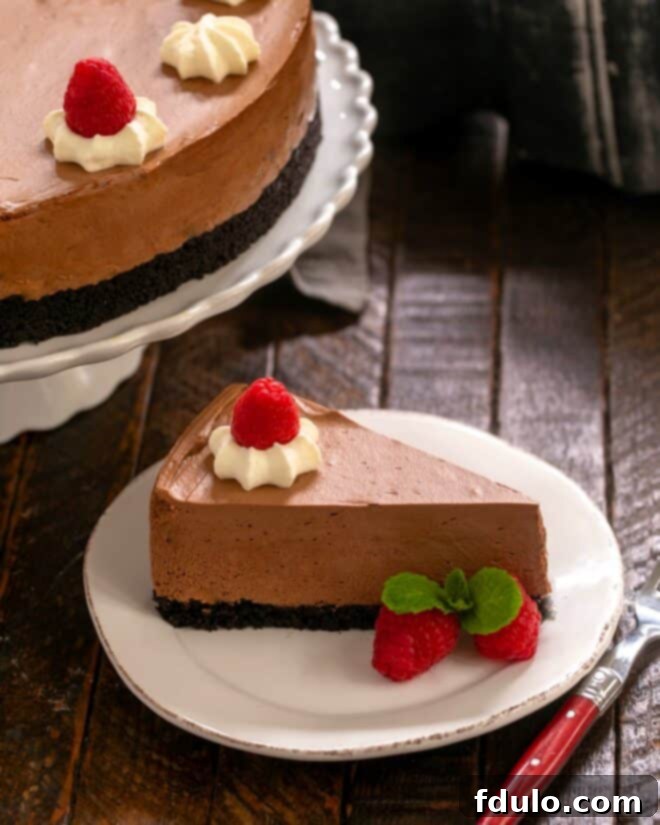 A perfectly sliced piece of Chocolate Mousse Cake on a white dessert plate, with the main cake on a stand in the background, ready for serving.